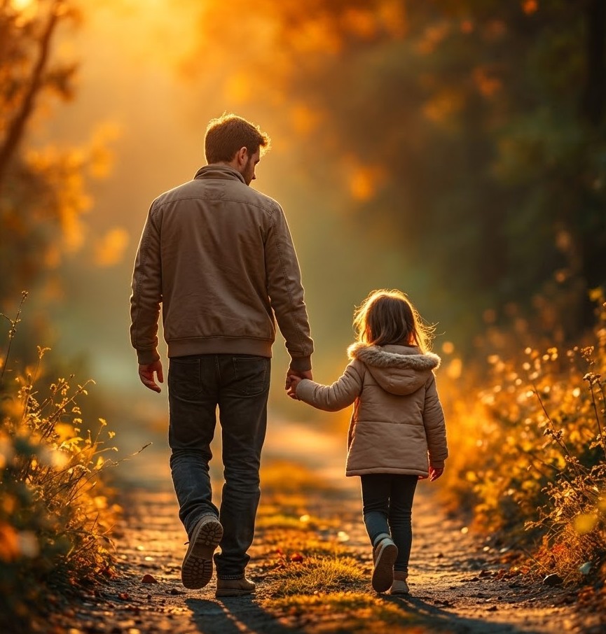 A father and daughter walking hand in hand into a golden sunset